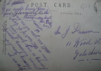 Rear of KOSB postcard - sent to Mr J Dawson, 11 Wood Street Gala
